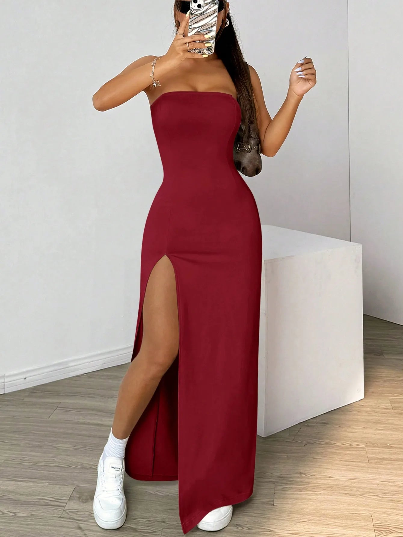 Elegant ladies strapless camisole slit simple basic solid color long dress, ideal for casual and semi-formal occasions