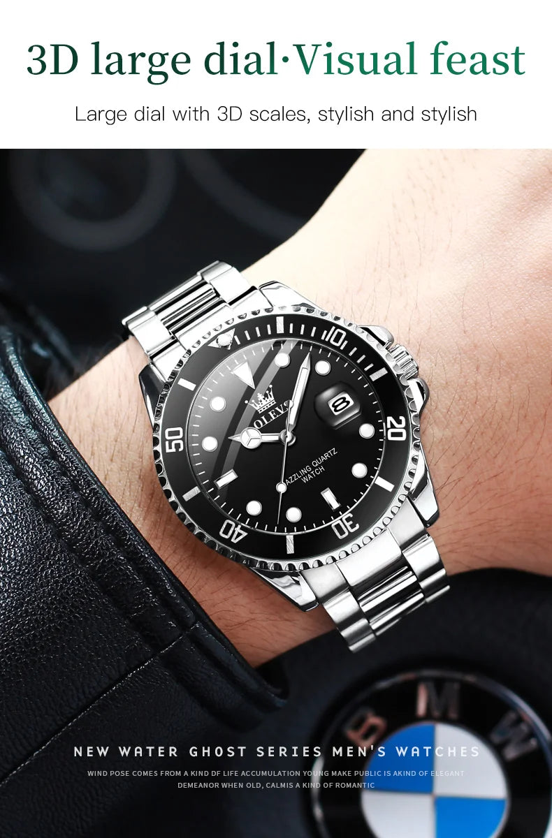 OLEVS 5885 Men's Watches Business Stainless Steel Strap Green Quartz Watch Waterproof Calendar Luminous High Quality Wristwatch