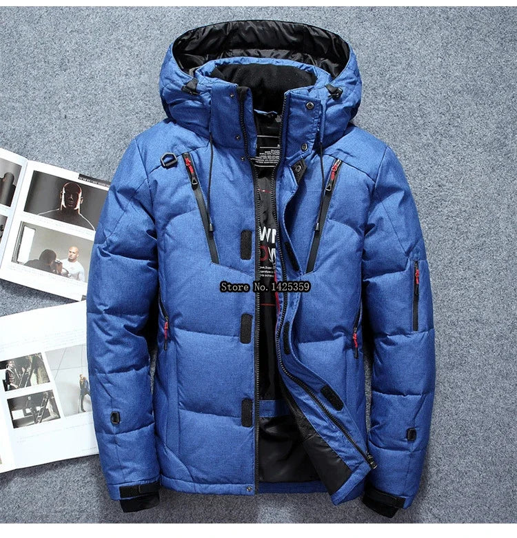 "Men’s White Duck Down Parka – Warm Winter Coat for Extreme Cold and Snow."