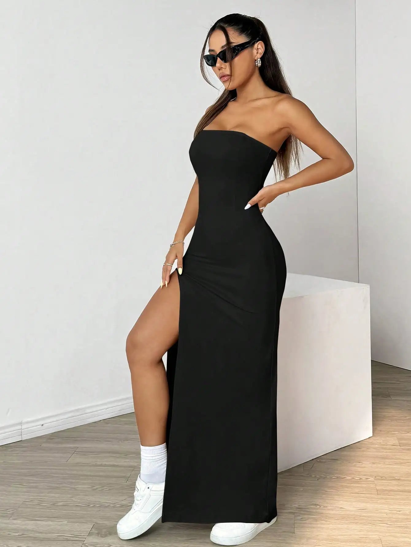 Elegant ladies strapless camisole slit simple basic solid color long dress, ideal for casual and semi-formal occasions