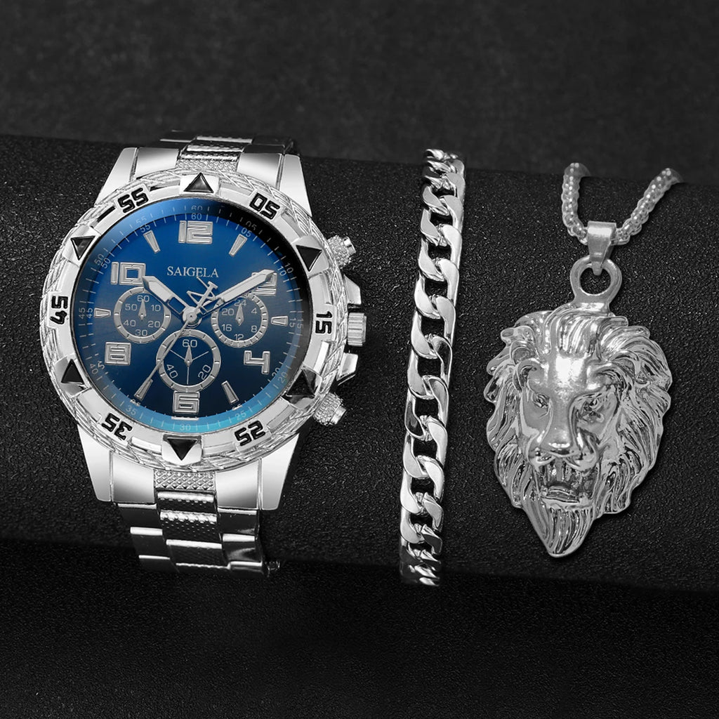 3PCS/Set Fashion Steel Band Men's Watches Arabic Dial Man Business Watches Jewelry Set Relogio Masculino（Box Not Included ）