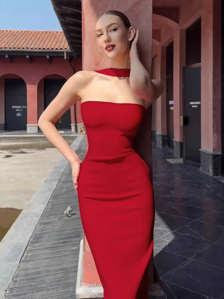 Woman Sexy Off Shoulder Sleeveless Slim Long Dress Streetwear Lady Chic Sexy Halter Neck Split Backless Solid Party Club Dresses