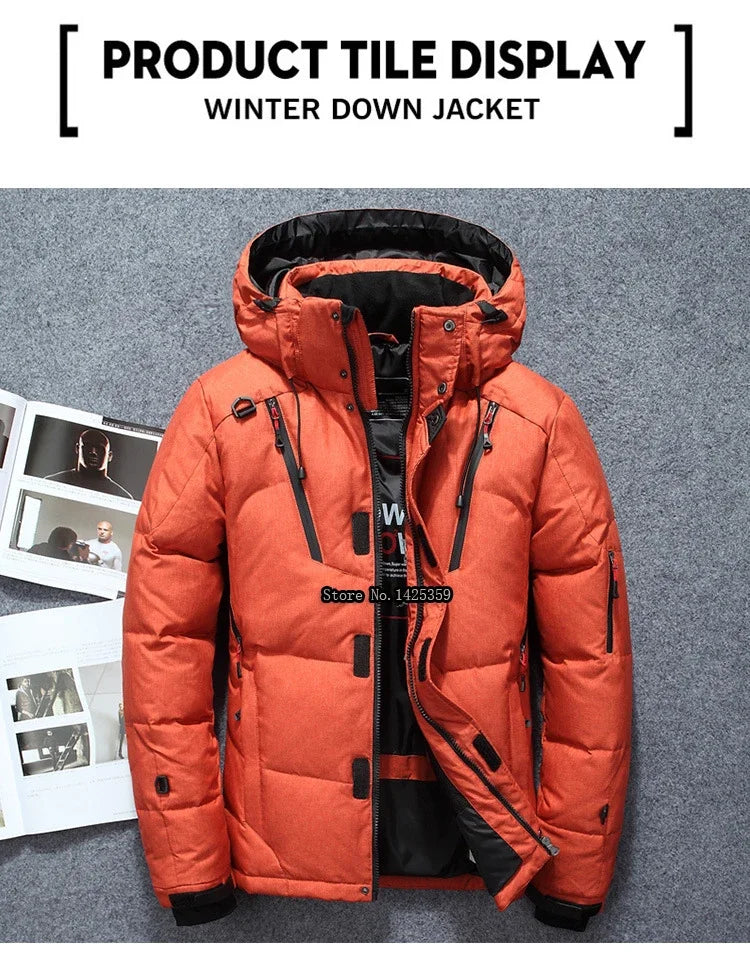 "Men’s White Duck Down Parka – Warm Winter Coat for Extreme Cold and Snow."
