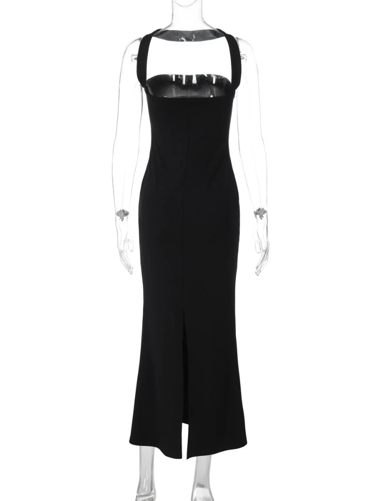 Woman Sexy Off Shoulder Sleeveless Slim Long Dress Streetwear Lady Chic Sexy Halter Neck Split Backless Solid Party Club Dresses