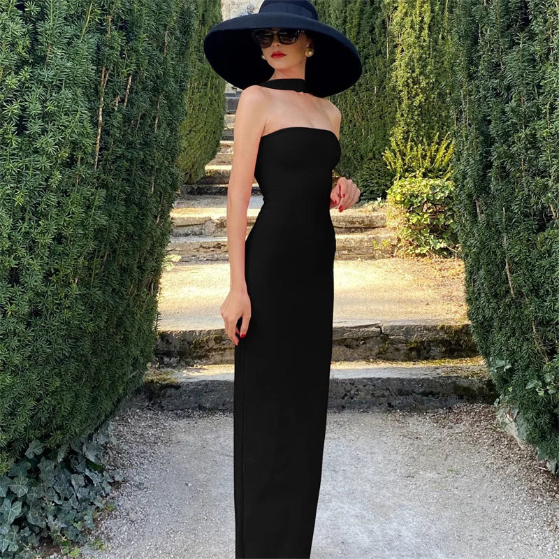 Woman Sexy Off Shoulder Sleeveless Slim Long Dress Streetwear Lady Chic Sexy Halter Neck Split Backless Solid Party Club Dresses