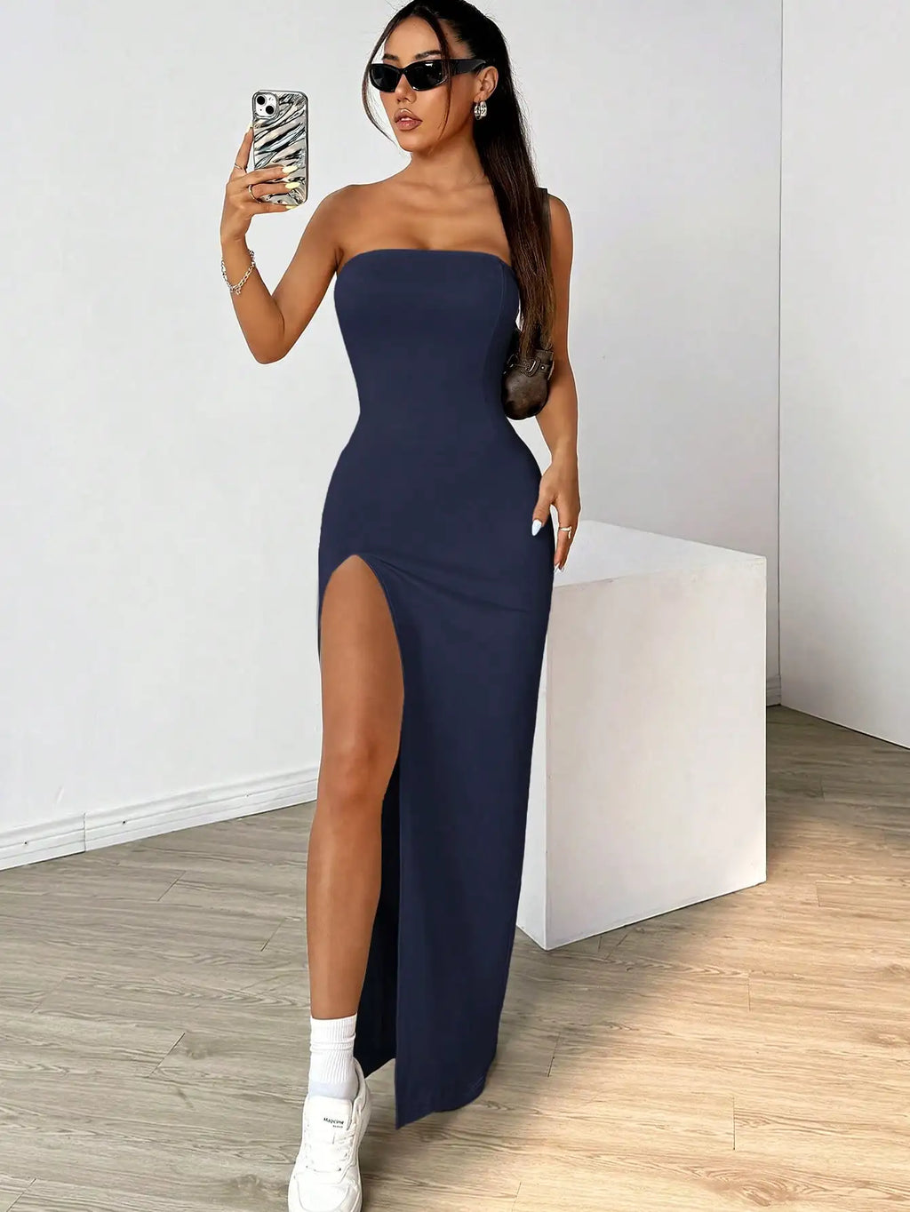 Elegant ladies strapless camisole slit simple basic solid color long dress, ideal for casual and semi-formal occasions