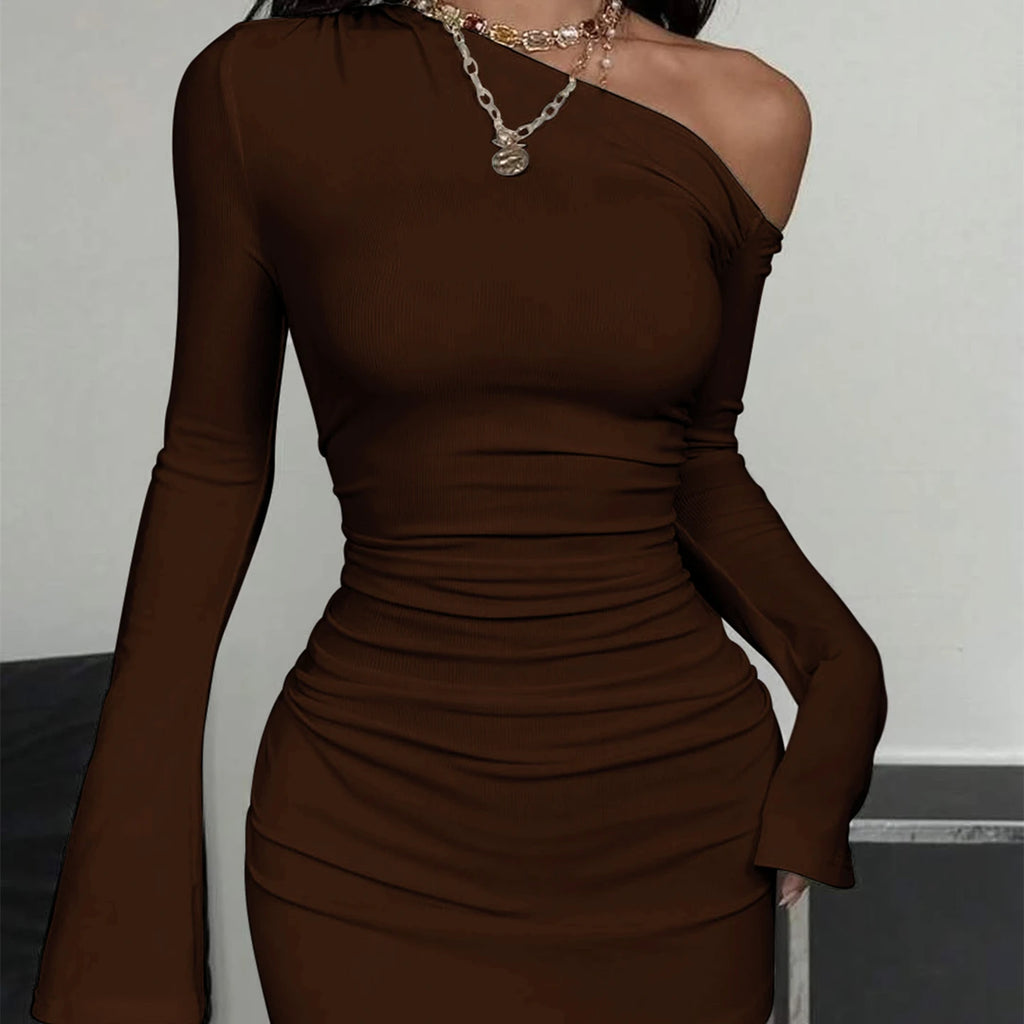 Dulzura Inclined Shoulder Long Sleeve Ruched Slim Irregular Mini Dress Women'S Solid Sexy Casual Dress Party Club Autumn Clothes