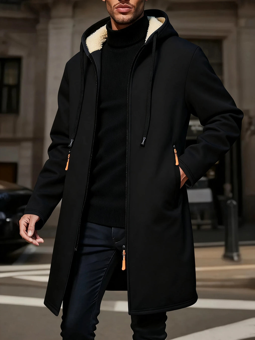 Men's Winter Warm Long Coat Zipper Jacket Zip Windbreaker Thick Fleece Windproof Overcoat Casual Contrast Color Hooded Jacket
