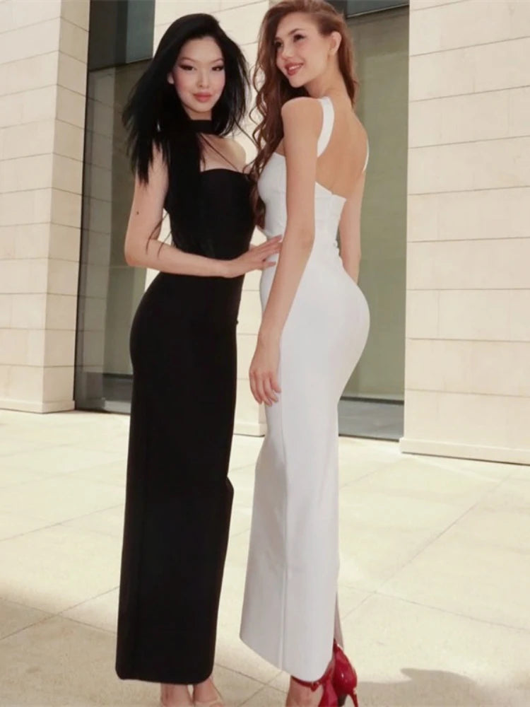 Woman Sexy Off Shoulder Sleeveless Slim Long Dress Streetwear Lady Chic Sexy Halter Neck Split Backless Solid Party Club Dresses