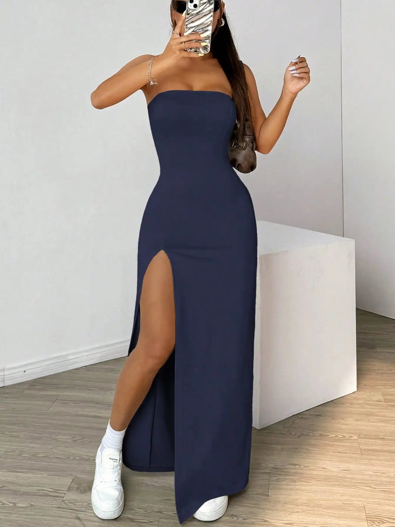 Elegant ladies strapless camisole slit simple basic solid color long dress, ideal for casual and semi-formal occasions