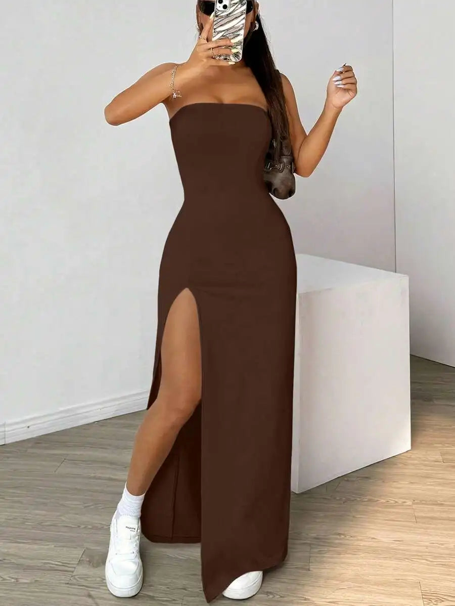 Elegant ladies strapless camisole slit simple basic solid color long dress, ideal for casual and semi-formal occasions