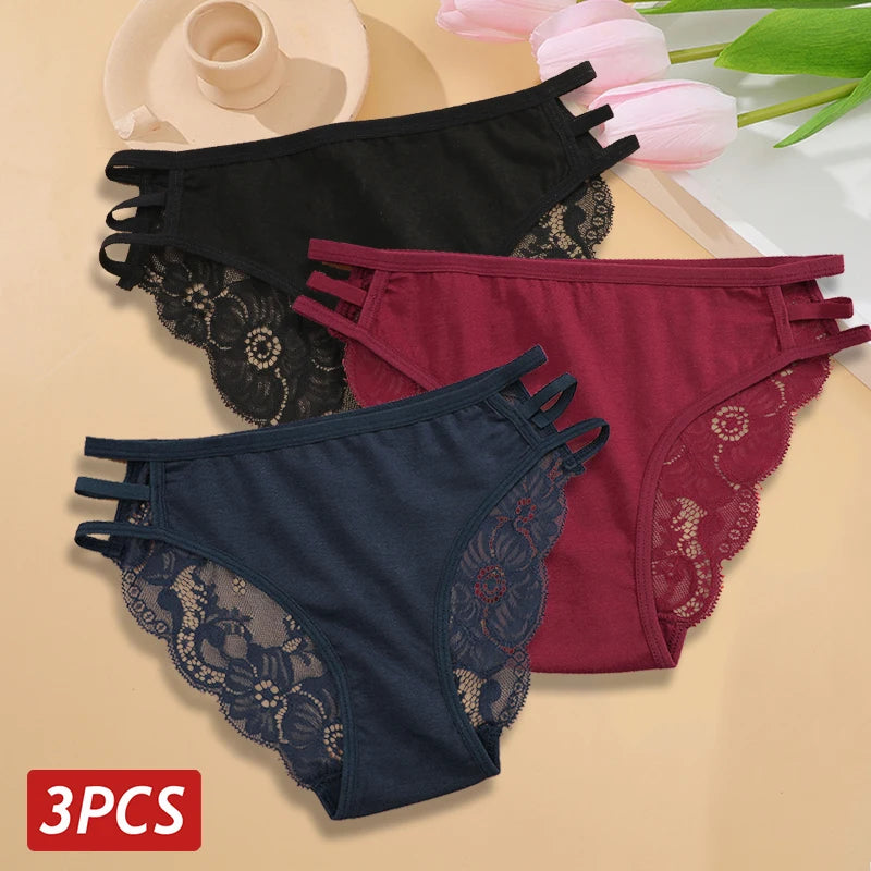 3PC/Set Women's Sexy Floral Lace Panties Low Rise Hollow Out Briefs Transparent Underwear Female Elastic Straps Soft Lingerie