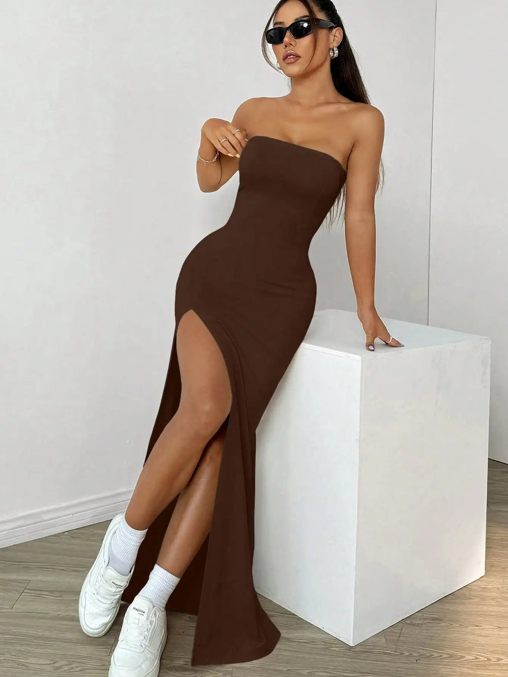 Elegant ladies strapless camisole slit simple basic solid color long dress, ideal for casual and semi-formal occasions
