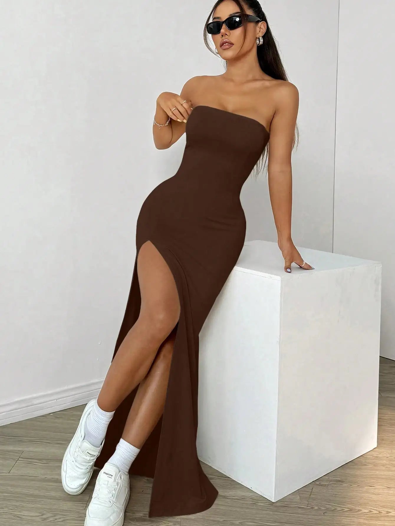 Elegant ladies strapless camisole slit simple basic solid color long dress, ideal for casual and semi-formal occasions