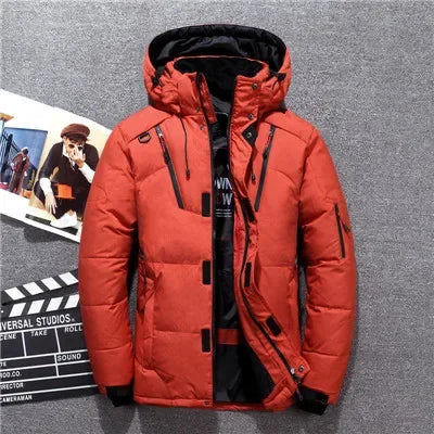"Men’s White Duck Down Parka – Warm Winter Coat for Extreme Cold and Snow."