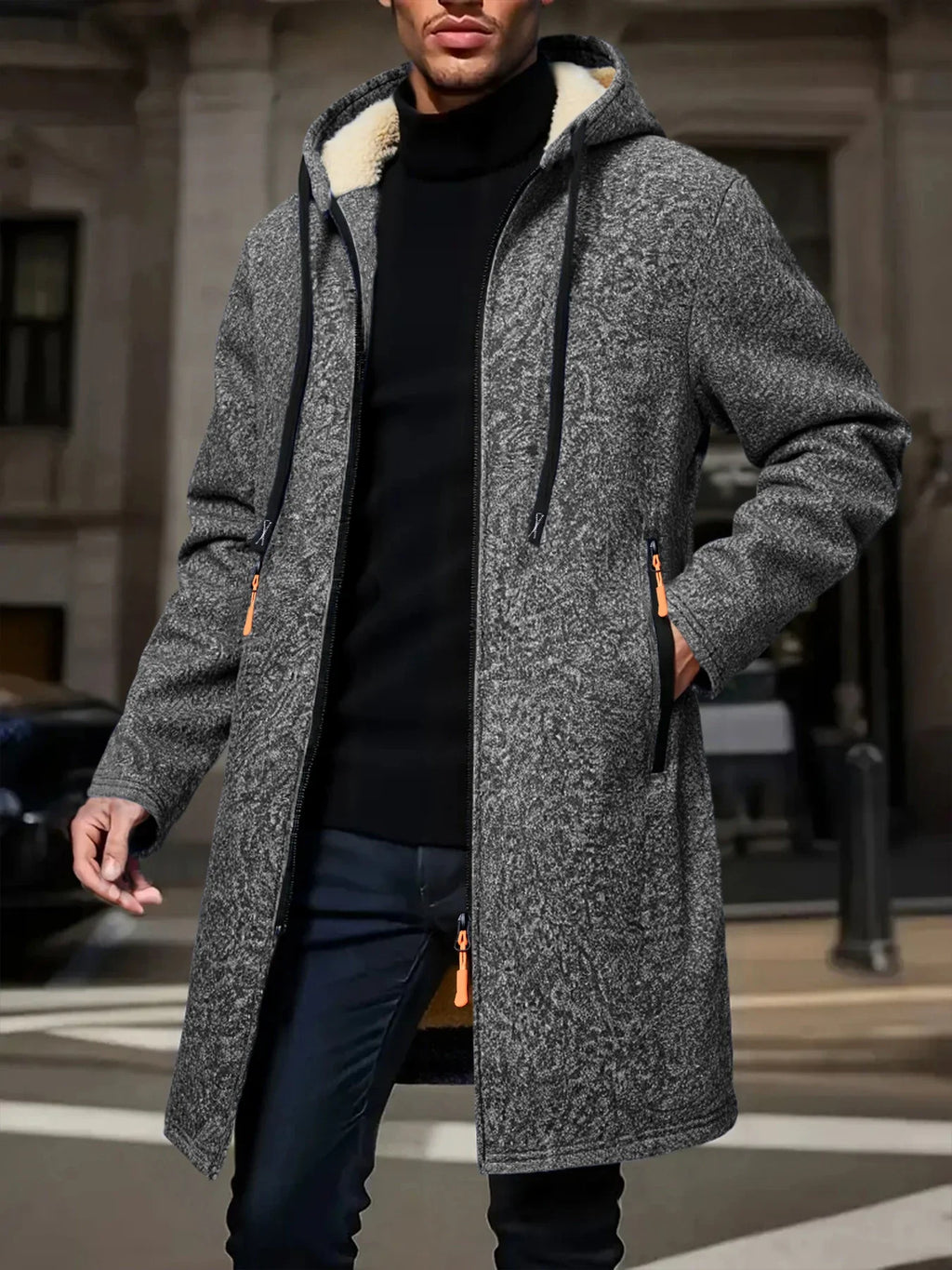 Men's Winter Warm Long Coat Zipper Jacket Zip Windbreaker Thick Fleece Windproof Overcoat Casual Contrast Color Hooded Jacket