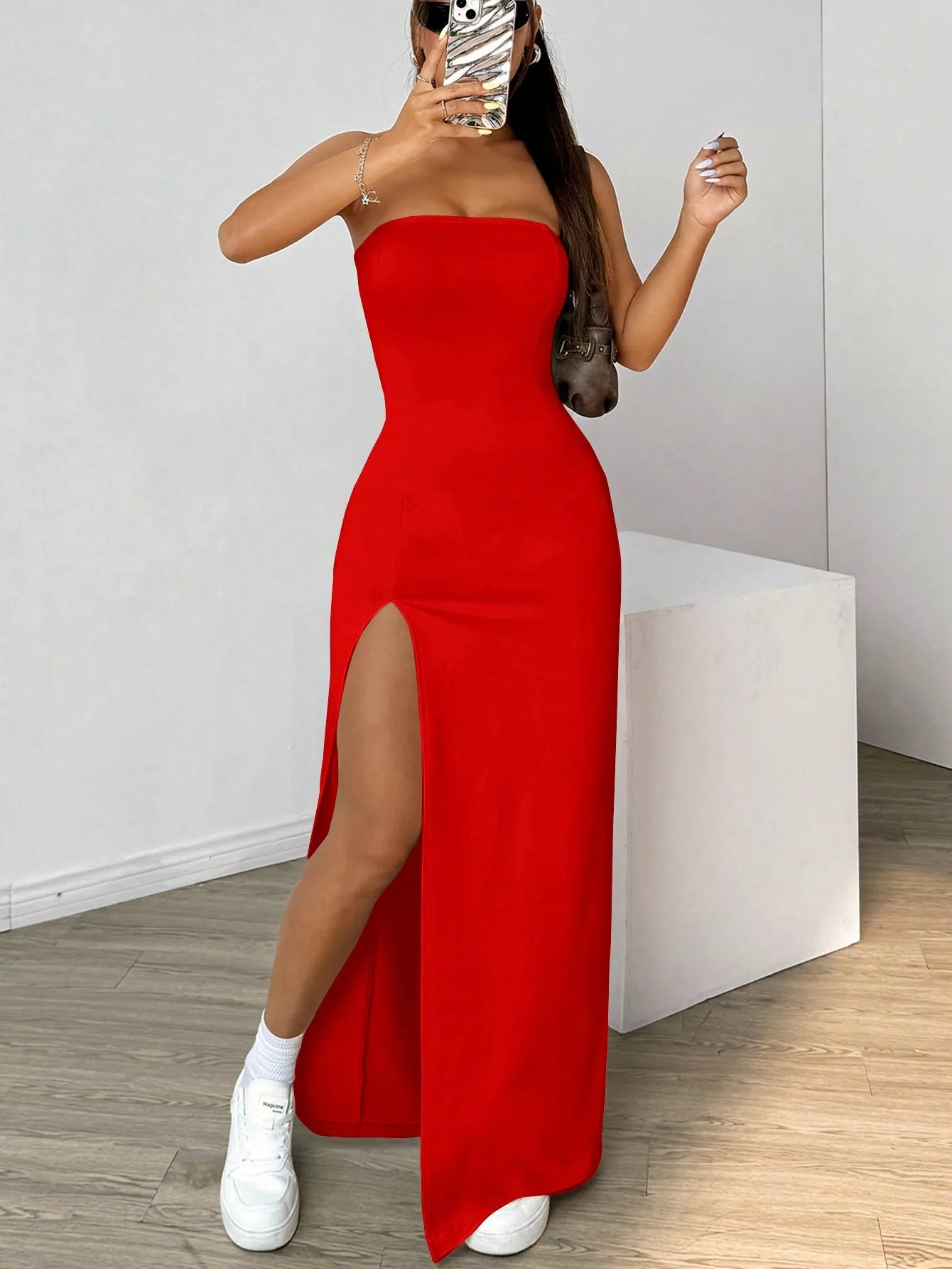 Elegant ladies strapless camisole slit simple basic solid color long dress, ideal for casual and semi-formal occasions