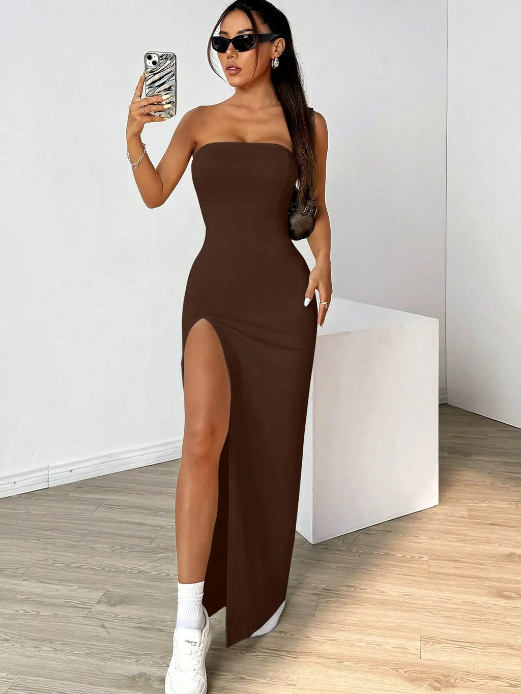 Elegant ladies strapless camisole slit simple basic solid color long dress, ideal for casual and semi-formal occasions