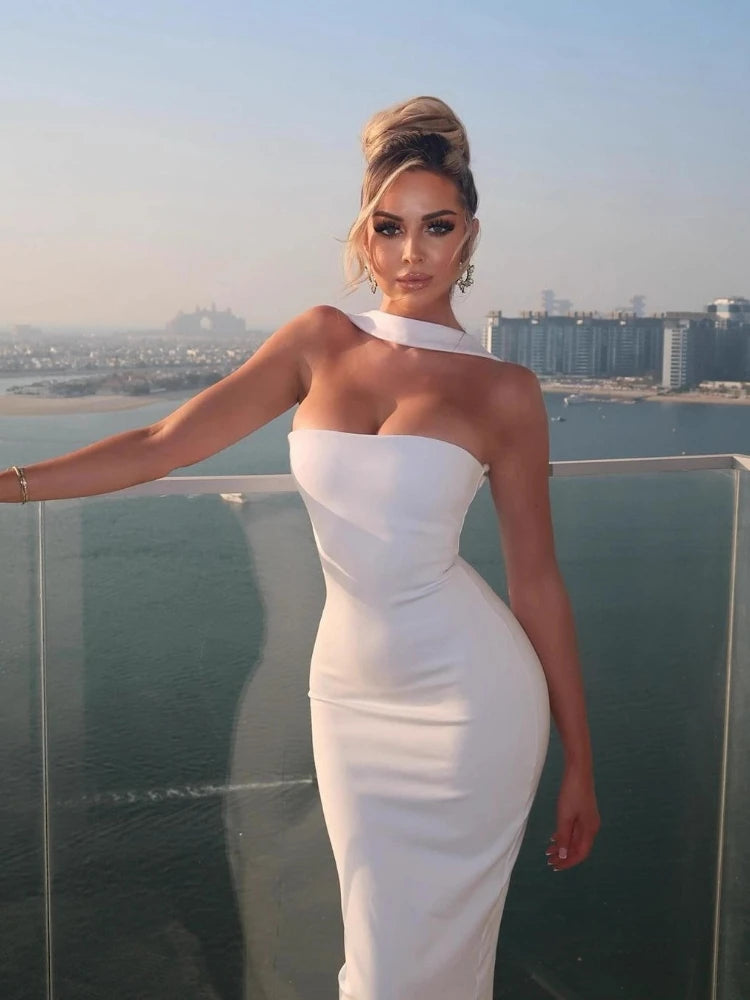 Woman Sexy Off Shoulder Sleeveless Slim Long Dress Streetwear Lady Chic Sexy Halter Neck Split Backless Solid Party Club Dresses