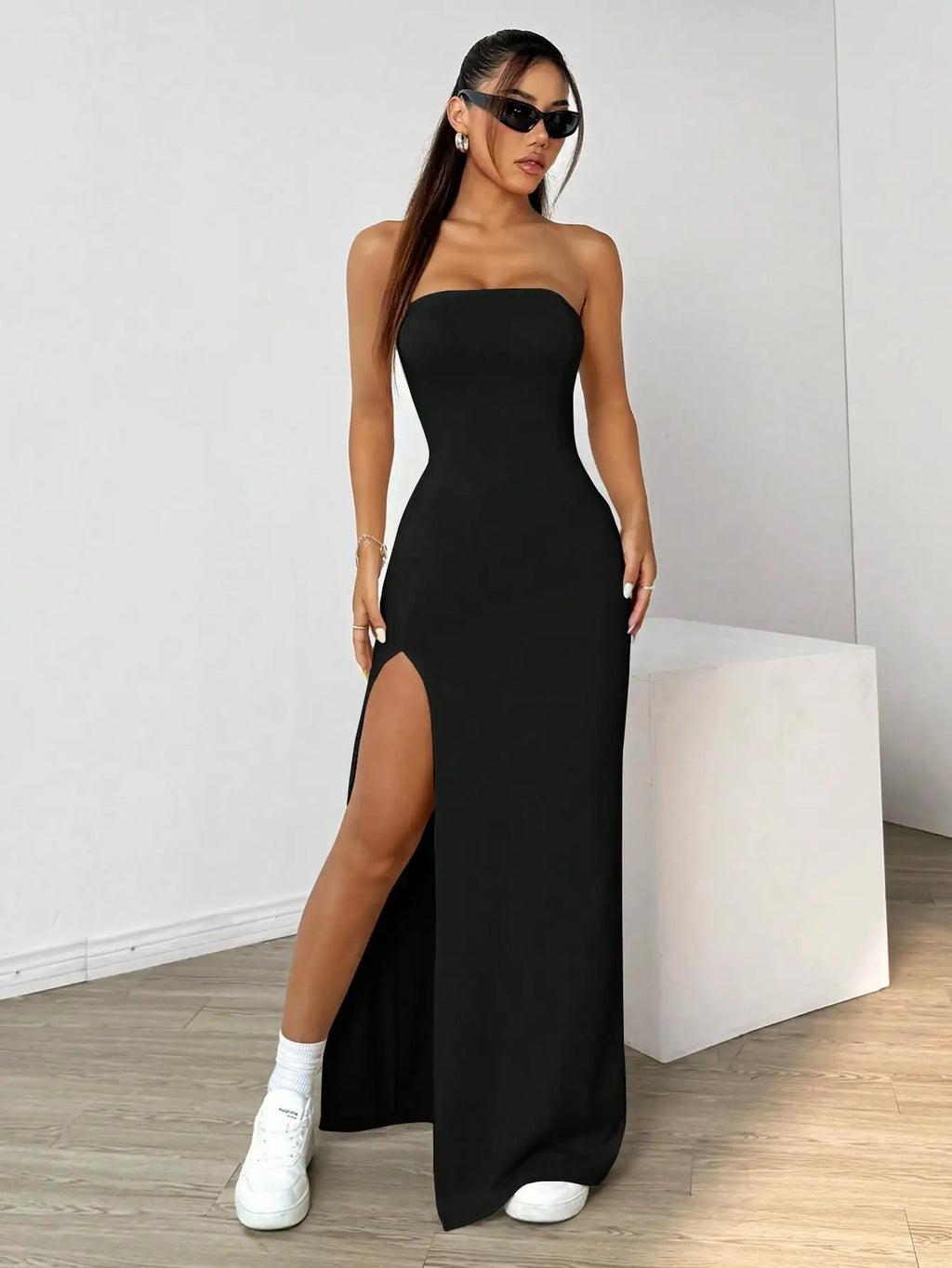 Elegant ladies strapless camisole slit simple basic solid color long dress, ideal for casual and semi-formal occasions