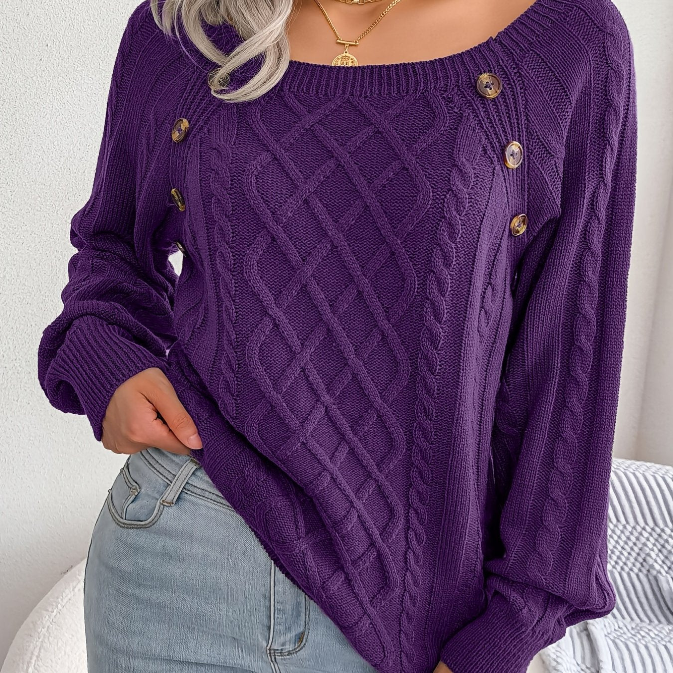 [Texture Lantern Sleeve Sweater] Round Neck Texture Lantern Sleeve Women's Sweater - Button Sweater